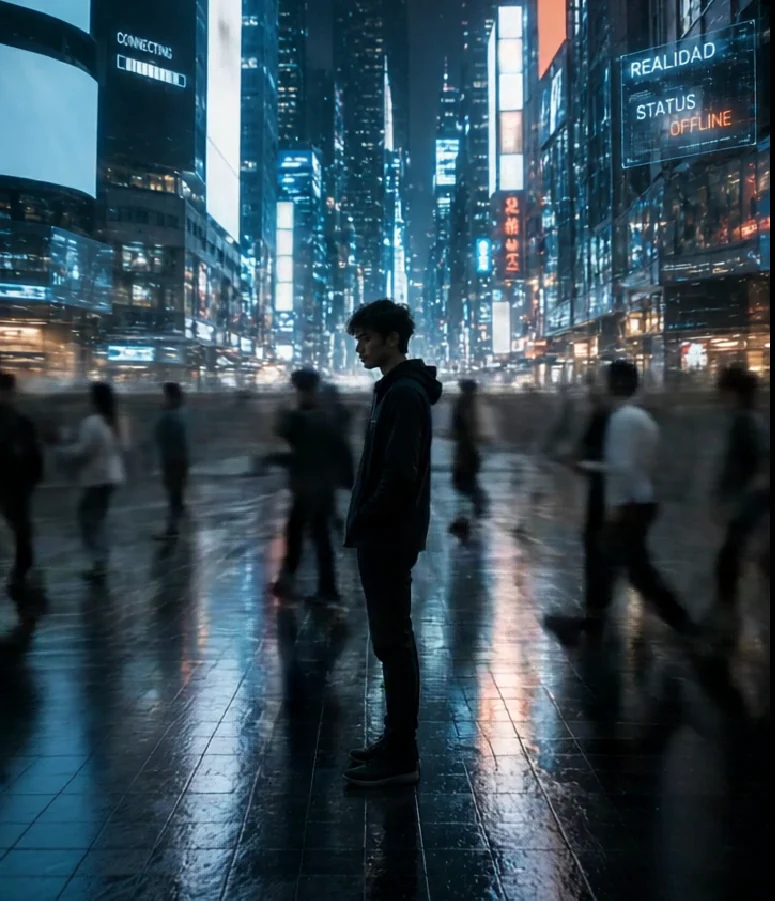 Personaje en una ciudad futurista, fotograma de una producción audiovisual de REALIDAR